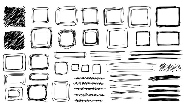 A collection of hand drawn rectangular frames and lines on a white background for graphic design