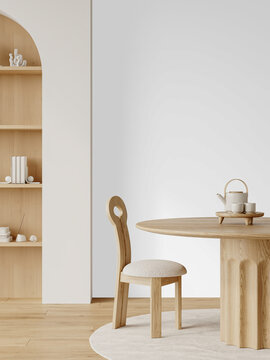 Soft Minimalist Dining Corner Wall Mockup PNG with Sculptural Oak Dining Table and Loop Back Chair, Transparent Background, Soft Shadows