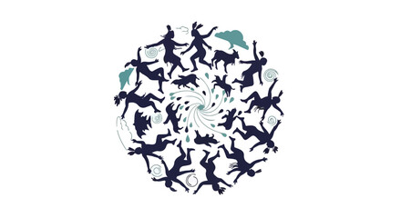 Energetic group of diverse people dancing in a vibrant circular pattern