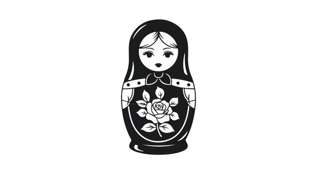 Traditional black nesting doll with floral motif on a white background
