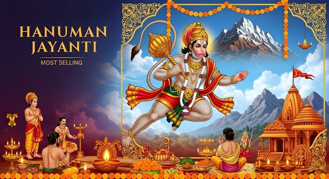 Hindu Deity Hanuman Flying Over Mountain Temple