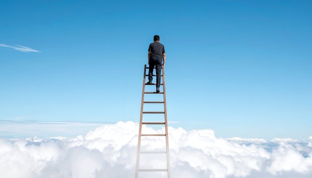 Man climbing a tall wooden ladder reaching high above fluffy white clouds into a clear bright blue sky.