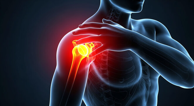 Human shoulder joint pain and inflammation illustration with red glow effect
