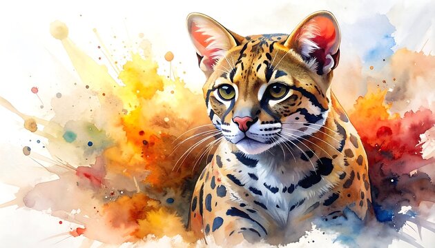 Watercolor illustration of a small wild cat with spots, framed by a colorful abstract background