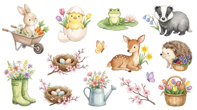 Cute spring animals and floral elements set with bunny, chick, deer, hedgehog, frog, flowers and nests in soft pastel style. Collection of Vector illustrations. Perfect for invitation, card, poster, b