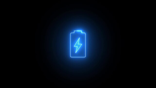 Glowing neon line low battery icon with lightning bolt symbol animation isolated on black background.