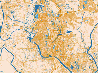 Naklejka premium City layout poster — Dhaka, Bangladesh – golden linework with blue water
