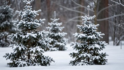 Fototapeta premium Three small fir trees stand covered in snow in a forest landscape