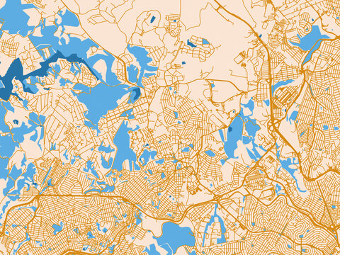 City layout poster &mdash; Contagem, Brazil &ndash; golden linework with blue water