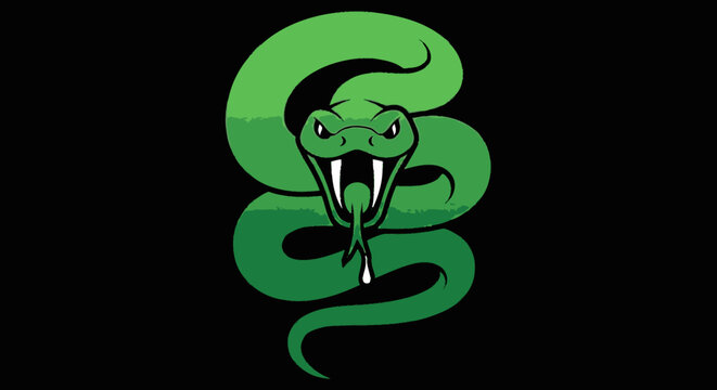Green cartoon snake with fangs.