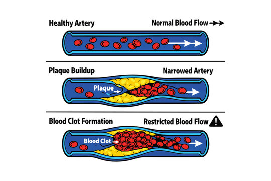 A medical illustration showing the progression from a healthy artery to a blood clot formation Vector