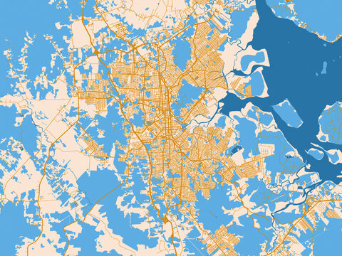 Street network map of Joinville, Brazil, mustard-gold streets on cream
