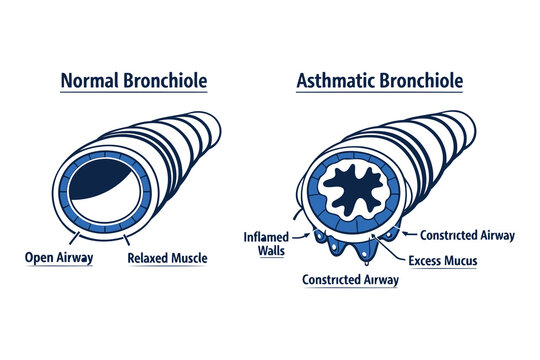 A medical illustration comparing the anatomy of a normal bronchiole to an asthmatic bronchiole Vector