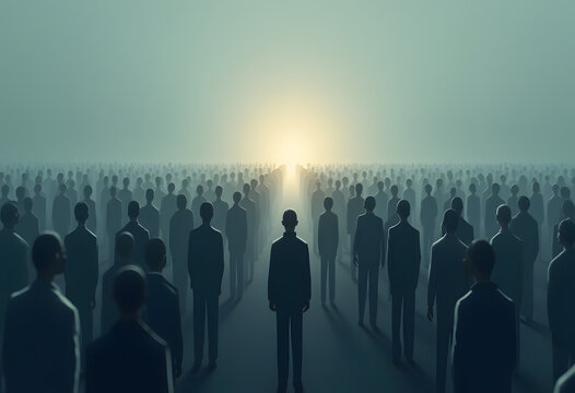Crowd of People Silhouettes Facing a Bright Light Concept of Hope and Future Direction