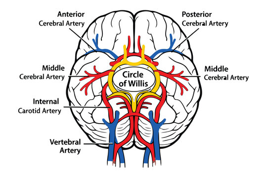 A detailed medical illustration showing the anatomy of the circle of willis in the human brain Vector