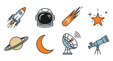 Set of Cartoon Space Icons Including Rocket Astronaut Helmet Meteor Star Planet Moon Satellite and Telescope © Clovernand