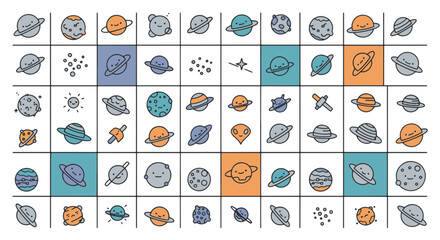 Cute Cartoon Planets and Space Objects in a Grid on a Black Background © Clovernand