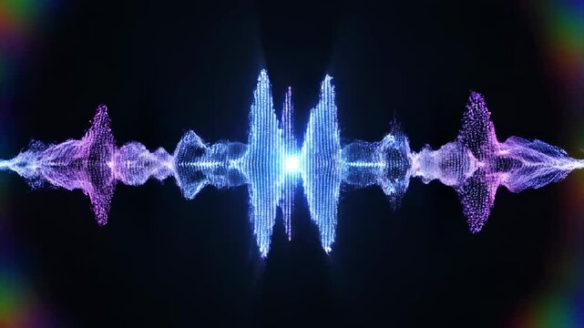 Dynamic Digital Audio Waveform with Glowing Blue and Purple Particle Spectrum for Music Visualization and Podcast Backgrounds.