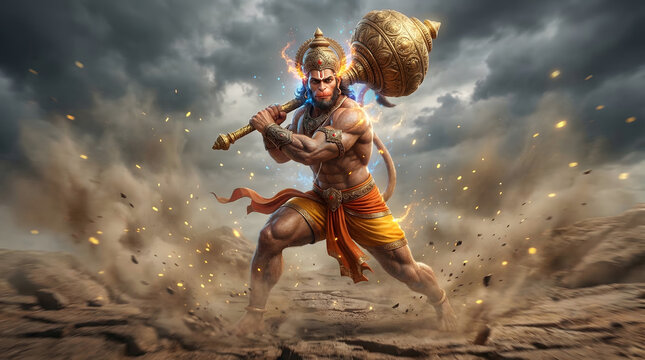 Lord Hanuman kneeling gada devotion illustration background wallpaper Hanuman Jayanti