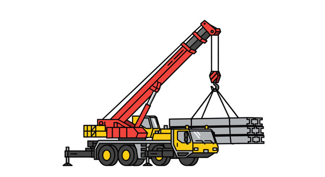 Large yellow truck with red crane.