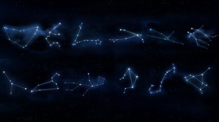 Zodiac constellations in the night sky. Horoscope signs on a black background. Star clusters, astrological image. © Nazarii