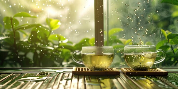 Two cups of green tea on bamboo coasters by a window with lush plants and falling water