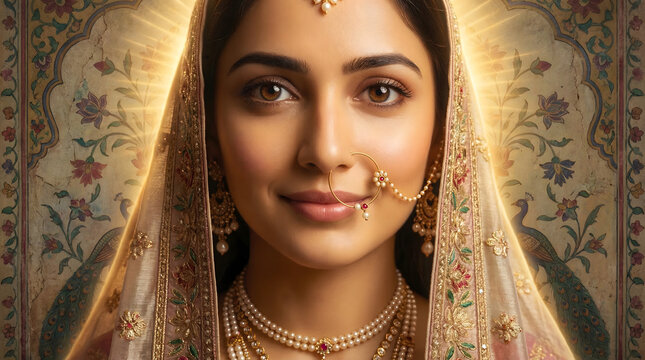 Woman veil nath jewelry golden aura traditional elegance illustration background wallpaper design