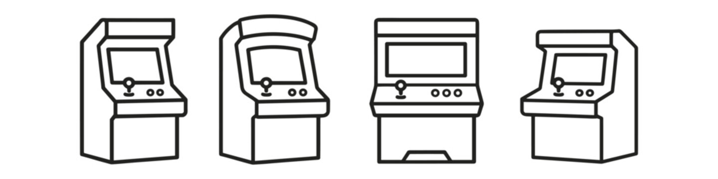 Collection of retro arcade game machines in a simple line art style