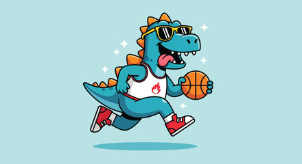 Fototapeta premium Cute Dinosaur Playing Basketball Cartoon.