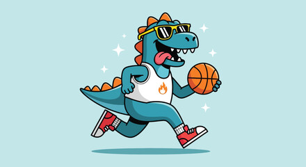 Cute Dinosaur Playing Basketball Wearing Sunglasses and Athletic Clothes. © ErianJendra