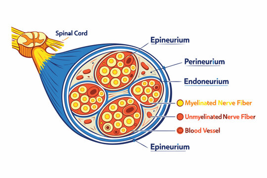 A detailed medical illustration showing the cross-sectional anatomy of a peripheral nerve structure Vector
