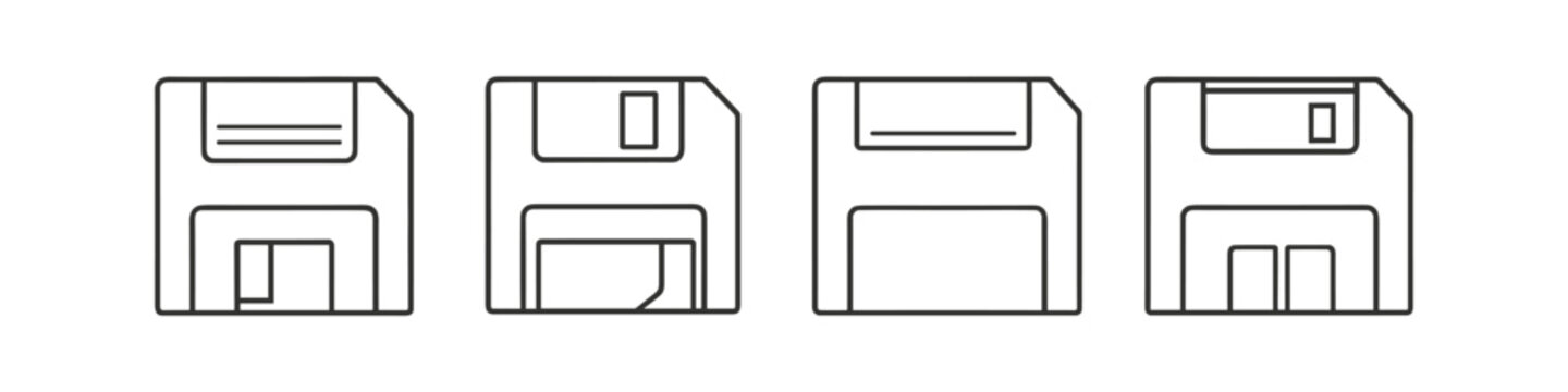 Collection of four different floppy disk icons in a line, representing data storage