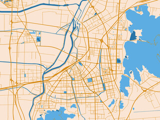 Fototapeta premium Street network map of Lianyungang, China, golden linework with blue water