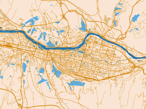 Urban map poster of Lanzhou, China with light cream city field with mustard-gold linework and vivid blue lakes, rivers and waterways