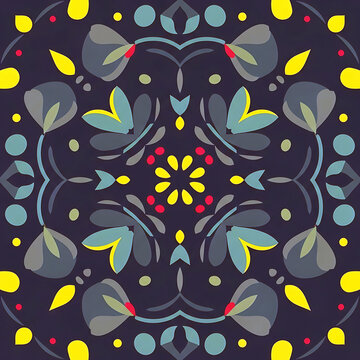 Vibrant floral pattern with colorful leaves and dots on dark background