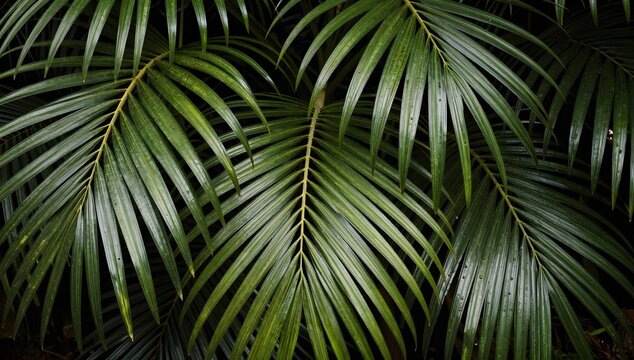 Close up of vibrant green palm leaves creating an intricate pattern against a dark background