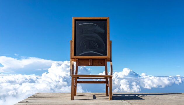 Wooden easel with dark blank surface set against a vibrant blue sky with fluffy white clouds