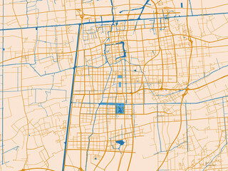 Fototapeta premium Street network map of Taizhou, China, featuring light cream city field with mustard-gold linework and vivid blue lakes, rivers and waterways