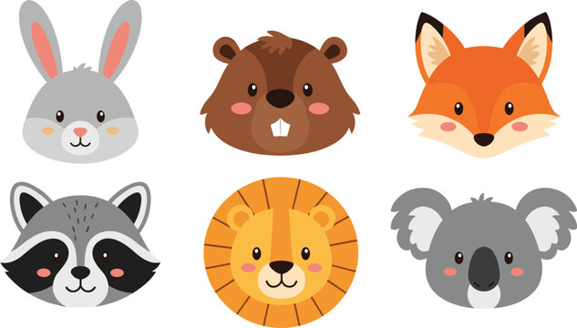 Cartoon Animal Face Set Featuring Cute Forest and Jungle Animals for Kids' Designs and Pet Lovers
