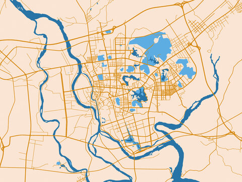 Street network map of Yangjiang, China, featuring soft ivory map base with ochre-gold streets and clear blue water shapes for crisp contrast