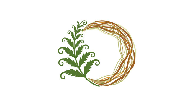Woven circle with green leafy branch.