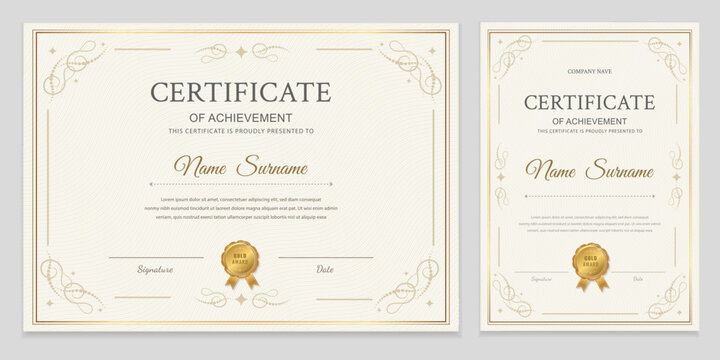 Certificate of achievement template set with horizontal and vertical layouts. Elegant gold border and award seal design. Vector illustration for diploma graduation and professional recognition.
