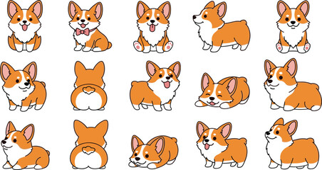 Fototapeta premium Cartoon Corgi Dog Set Featuring Cute Poses, Expressions, and Heart-Shaped Designs for Pet Lovers