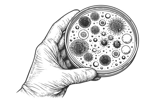 A detailed hand drawn illustration of a gloved hand holding a petri dish filled with bacteria Vector