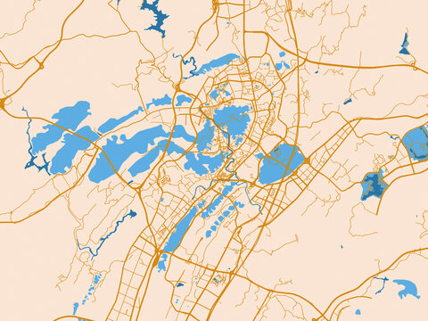 Minimal city map of Zunyi, China with gold and blue map palette