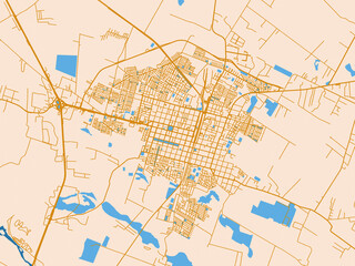 Fototapeta premium Urban map poster of Linares, Chile – golden linework with blue water