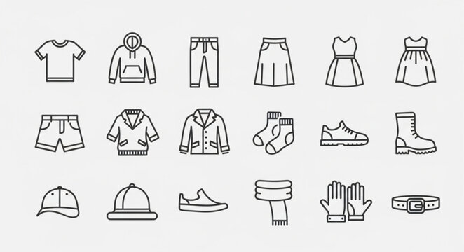 Clothing Icons - T-shirt, Hoodie, Jeans, Skirt, Dress, Shorts, Jacket, Socks, Shoes, Boots, Hat, Scarf, Gloves, Belt.
