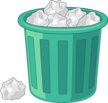 Green trash can filled with crumpled paper and one piece outside