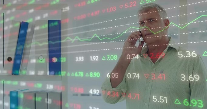 Man studying market tickers, picking up smartphone and monitoring animated overlay to react