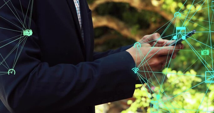 Businessman tapping smartphone, icons camera or heart or Wi-Fi shifting around phone, showcasing bus